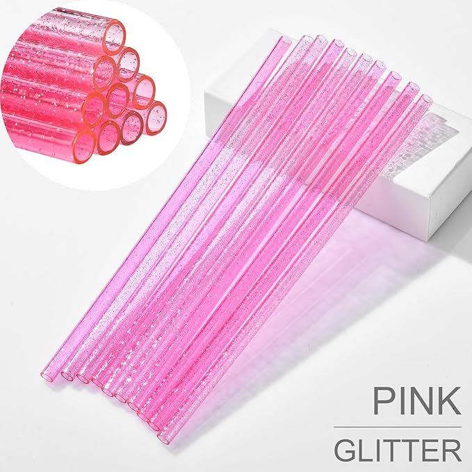 ALINK 10 Pack Pink Replacement Straws for Stanley 40 oz 30 oz Tumbler, 12 in Long Reusable Plastic Glitter Straws for Stanley Cup Accessories, Half Gallon Jug, Plus 2 Cleaning Brush