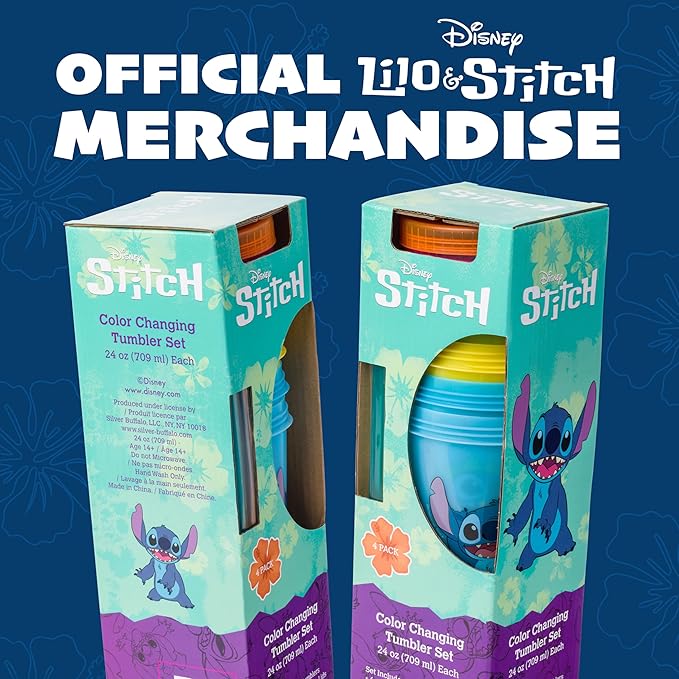 Silver Buffalo Disney Lilo and Stitch Tropical Poses 4 Pack Color Change Plastic Tumbler, 24 Ounces