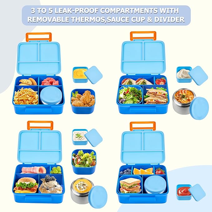 Bento Lunch Box for Kids with 8oz Soup Thermo, Leak-proof Lunch Food Containers with 5 Compartment, Insulated Lunch Bag & 17oz Stainless Steel Water Bottle for School, Trvael