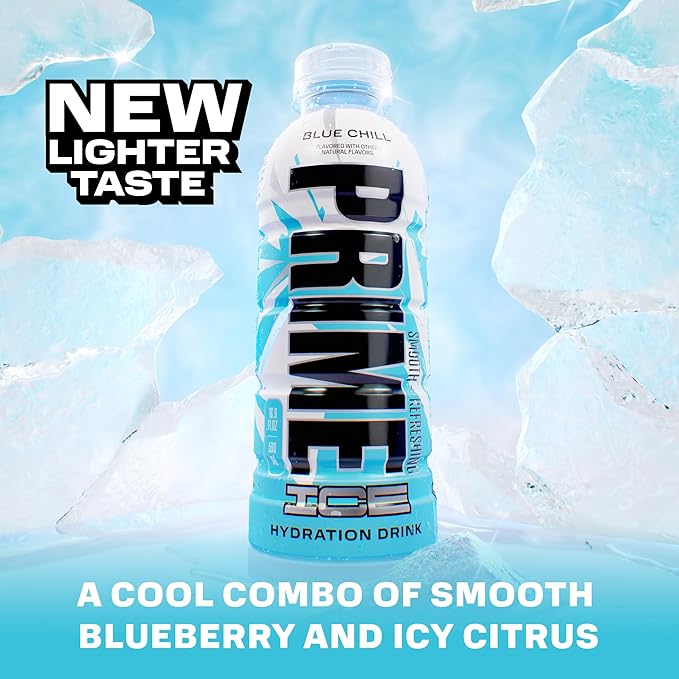 PRIME Hydration ICE BLUE CHILL, Sports Drinks, Electrolyte Enhanced for Ultimate Hydration, 250mg BCAAs, B Vitamins, Antioxidants, Low Sugar, 16.9 Fl Oz, 12 Pack