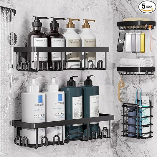 Veken Rustproof & Waterproof Shower Caddy 5-Pack, No Drilling Adhesive Wall Mounted Shower Shelves, Racks For Inside Shower, Large Bathroom Organizer Storage Accessories, Ideal for Home&Kitchen, Black