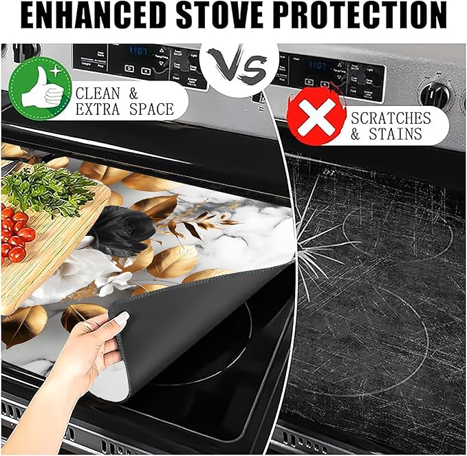 Black White Rose Stove Top Cover 28.3 x 20.5 Inches, Heat Resistant Glass Stove - Image 7