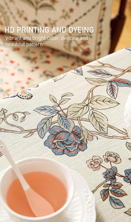 ISAENNE Designer French Light Beige Tablecloth Rectangular,Linen Florals and Birds Pattern Table Cloth,Anti-Wrinkle Decorative Tablecloths for Dining Thanksgiving Kitchen,55"*87"-Cornucopia