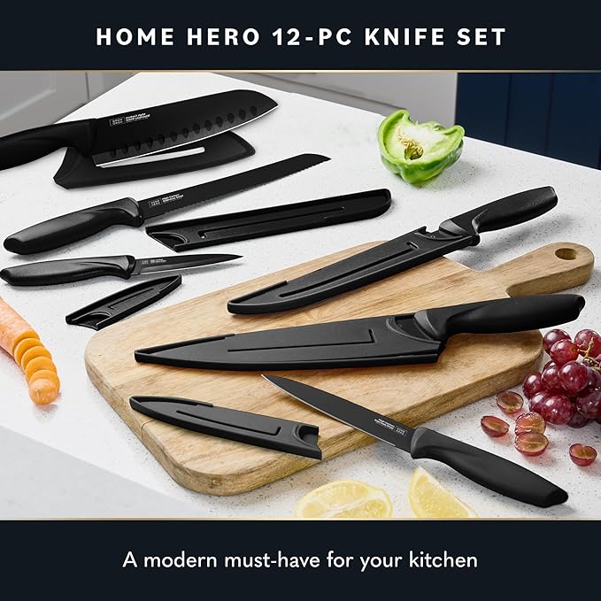Home Hero High Carbon Stainless Steel Knife Set - Chef Knife Set Precision Slicing & Versatility - Nonstick Ceramic Coated Blades & Easy Cleaning - Ergonomic Handles & Secure Grip - 12-Piece, Black