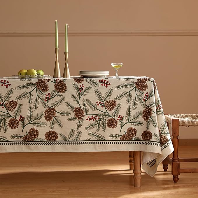 ISAENNE Designer Christmas Beige Linen Long Rectangle Tablecloth,Pinecones Pattern Indoor Table Cloths,Washable Decor Tablecloths for Dining Thanksgiving Kitchen Christmas,63"*102"-Carol B