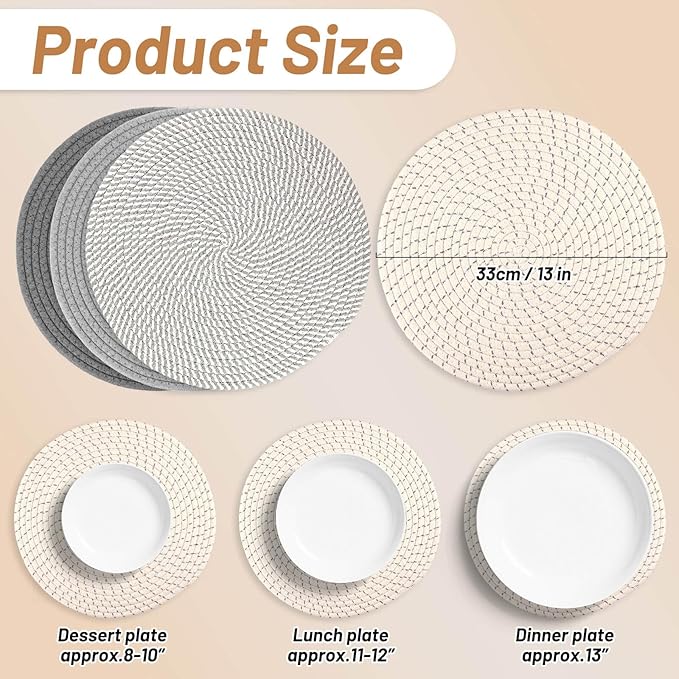 Billbotk Round Woven Placemats Set of 4, 13 Inches Kitchen Table Place Mats for Dining Table, Trivets for Hot Pots and Pans, Boho Table Decorations for Table Setting, Tabletop Accessories