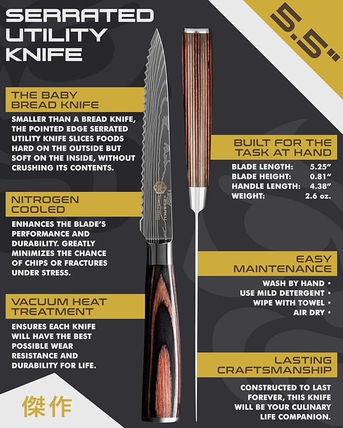 KESSAKU Serrated Utility Knife - 5.5 inch - Samurai Series - Razor Sharp Kitchen Knife - Forged 7Cr17MoV High Carbon Stainless Steel - Wood Handle with Blade Guard