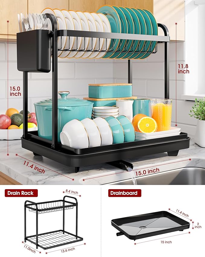 Sakugi 2-Tier Dish Drying Rack - Stainless Steel Dish Rack with Cutlery & Utensil Holders for Kitchen Counter, Sink Organization and Storage Essentials, Home Decor, 15" W x 11.4" L x 15" H, Black