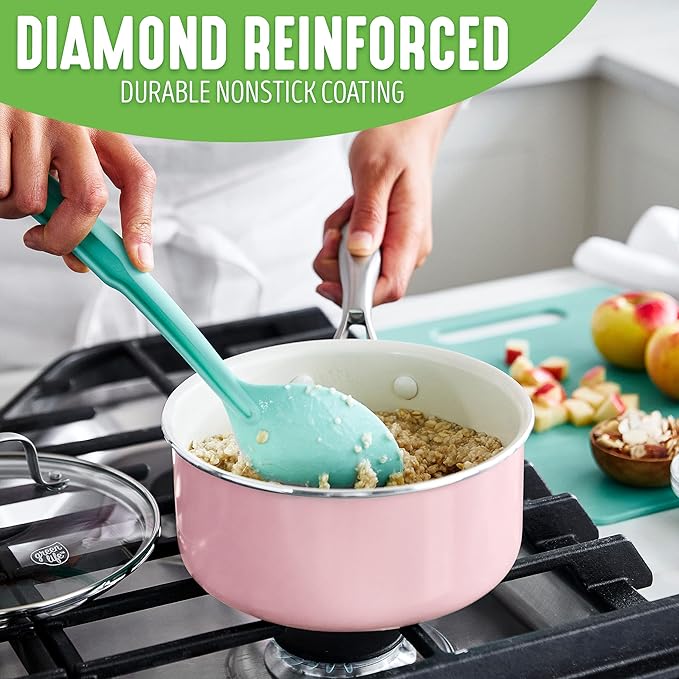 GreenLife Artisan Healthy Ceramic Nonstick, 1QT and 2QT Saucepan Pot Set with Lids, Stainless Steel Handle, PFAS-Free, Dishwasher Safe, Oven Safe, Soft Pink