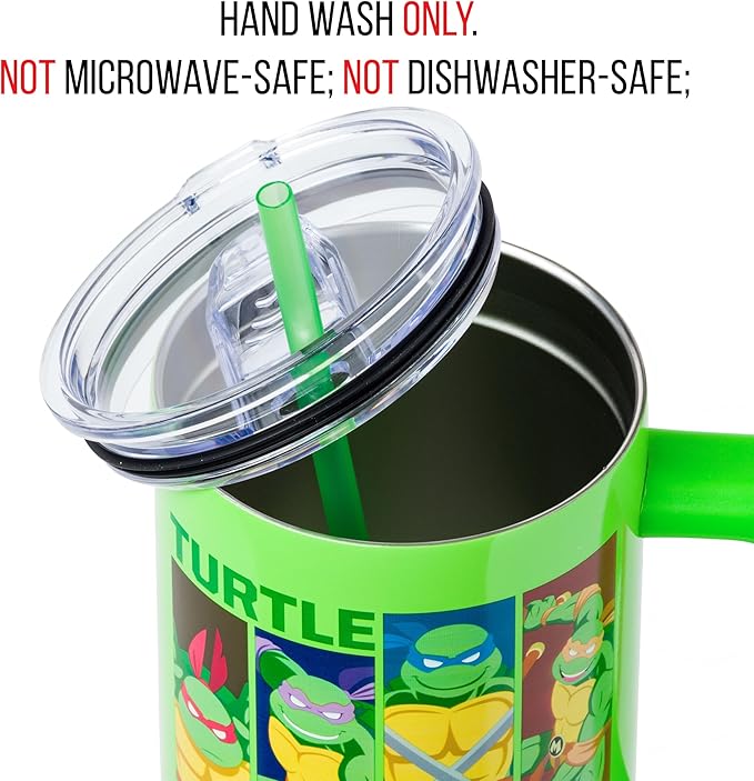 Silver Buffalo Teenage Mutant Ninja Turtles Turtle Power Stainless Steel Tumbler with Handle Featuring Leonardo, Donatello, Raphael, and Michelangelo, Fits in Standard Cup Holder, 40 Ounces