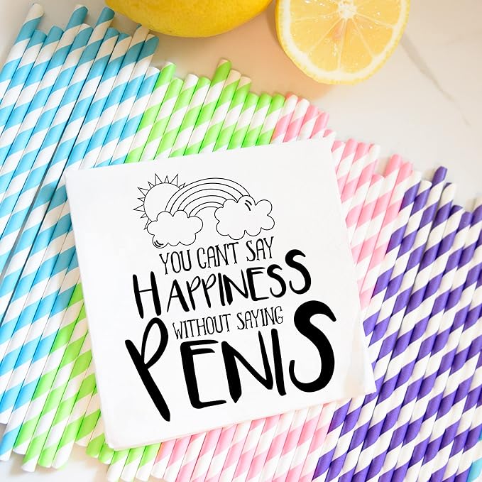 Twisted Wares - Funny Cocktail Napkins - YOU CAN'T SAY HAPPINESS WITHOUT SAYING P*NIS - Boutique Cocktail Napkins - Perfect for any Celebrations 5"X5" (20 Pack)