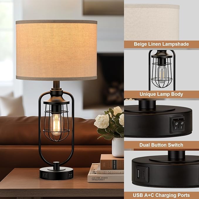 24" Farmhouse Table Lamps for Living Room Set of 2, Industrial Bedside Lamp for - Image 5