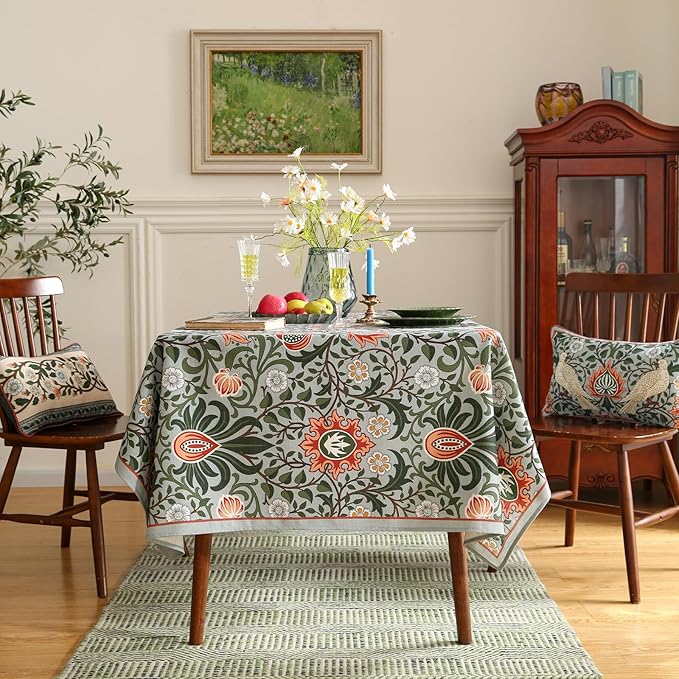 ISAENNE Designer Bohemian Linen Green Long Tablecloth Rectangle,Floral Indoor Table Cloth,Stain Resistant Decor Tablecloths for Dining Thanksgiving Kitchen Party Christmas,63"*102"-Naples