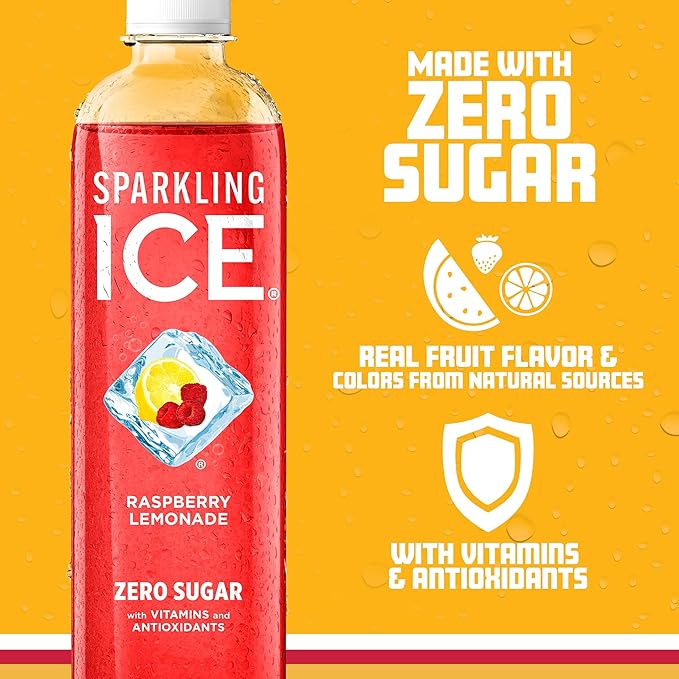 Sparkling Ice, Raspberry Lemonade Sparkling Water, Zero Sugar Flavored Water, with Vitamins and Antioxidants, Low Calorie Beverage, 17 fl oz Bottles (Pack of 12)