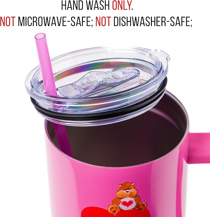 Silver Buffalo Care Bears Watercolor Heart Ombre Stainless Steel Tumbler with Handle and Straw, Fits in Standard Cup Holder, 40 Ounces