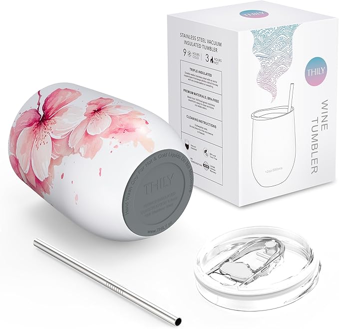 THILY Stainless Steel Insulated Wine Tumbler Stemless Wine Glass with Lid and Straw, Splash-proof, Cute Travel Cup for Coffee, Cocktails, for Women, Mother, Wife, Girls, Cherry Blossoms