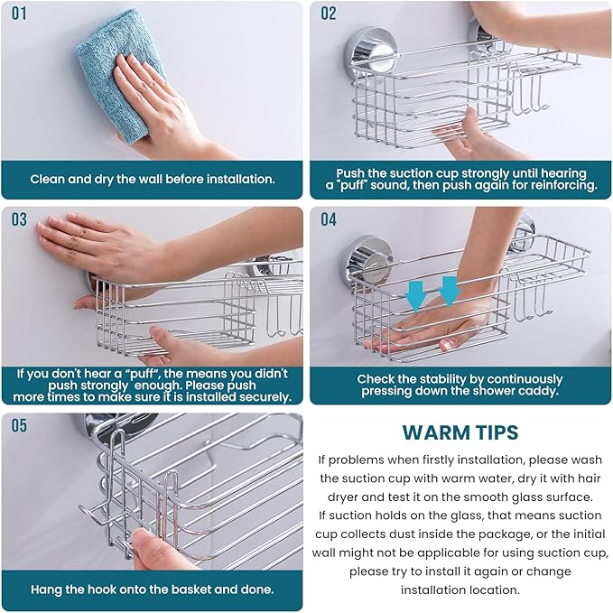 TAILI Shower Caddy Suction Cup with Hooks & Soap Holder, Heavy Duty Bathroom Shower Organizers, Removable Bathroom Shelves for Inside,Stainless Steel Holder Organizer-Silver