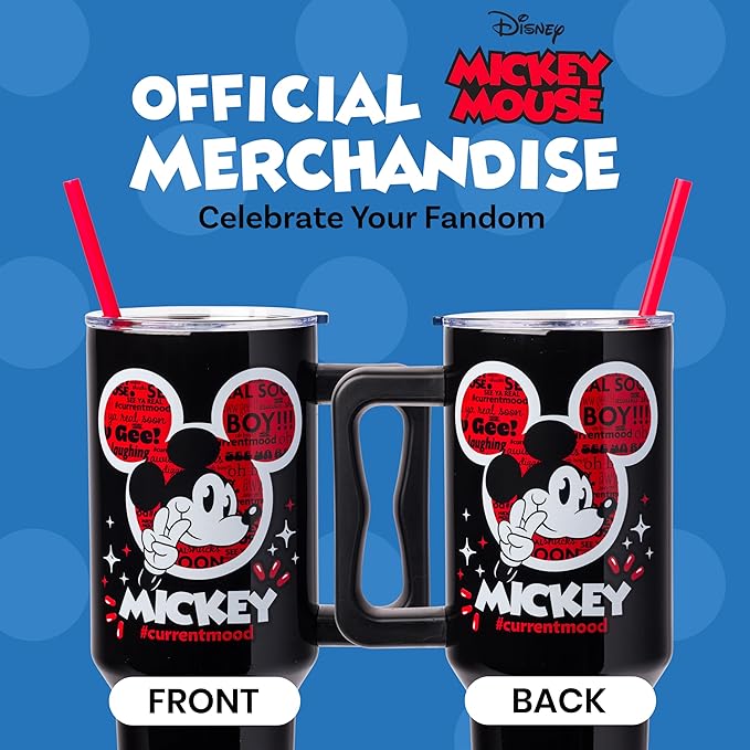Silver Buffalo Disney Classic Mickey Mouse Hashtag Current Mood “#currentmood” Stainless Steel Tumbler with Handle and Straw, Fits in Standard Cup Holder, 40 Ounces