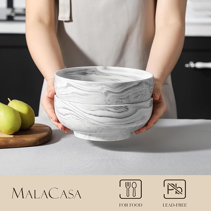 MALACASA Large Serving Bowls, 60 OZ (8'') Salad Bowls Set of 2, Ceramic Mixing Bowls for Kitchen, Serving Bowl for Soup, Pasta, Side Dishes and Entertaining, Marble Grey, Series REGULAR