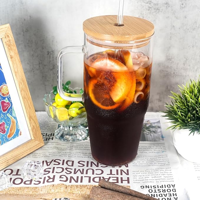 ANOTION Glass Cups with Lids and Straws - 40 Oz Tumbler with Handle and Straw Glass Water Bottles Drinking Glasses with Straws Iced Coffee Cups Travel Coffee Mug Smoothie Tumbler
