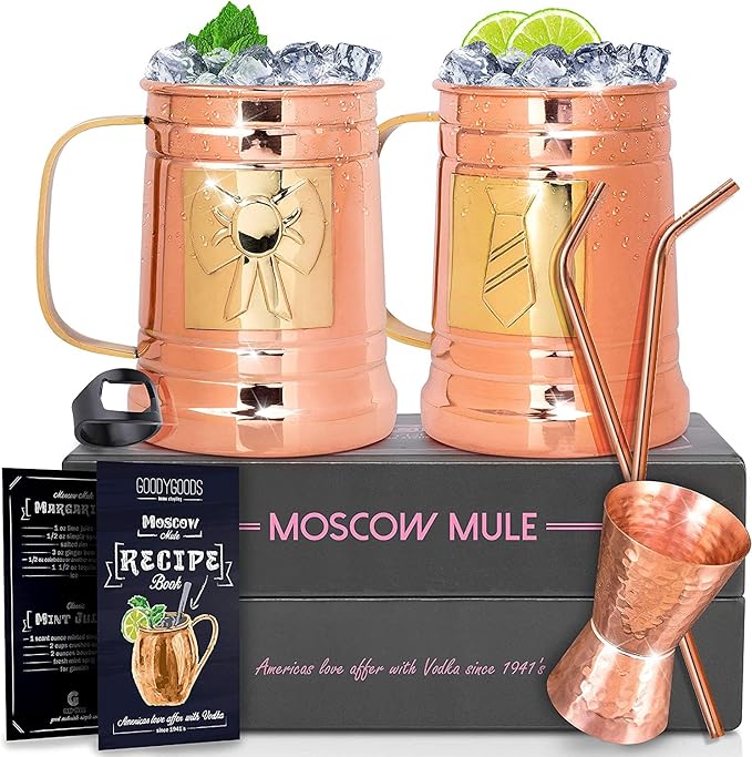 G GOODYGOODS Moscow Mule Copper Mugs: Make Any Drink Taste Better! 100% Pure Solid Copper His & Hers Gift Set - 2 Hammered 18 OZ Cups, 2 Unique Straws, Jigger & Recipe Booklet