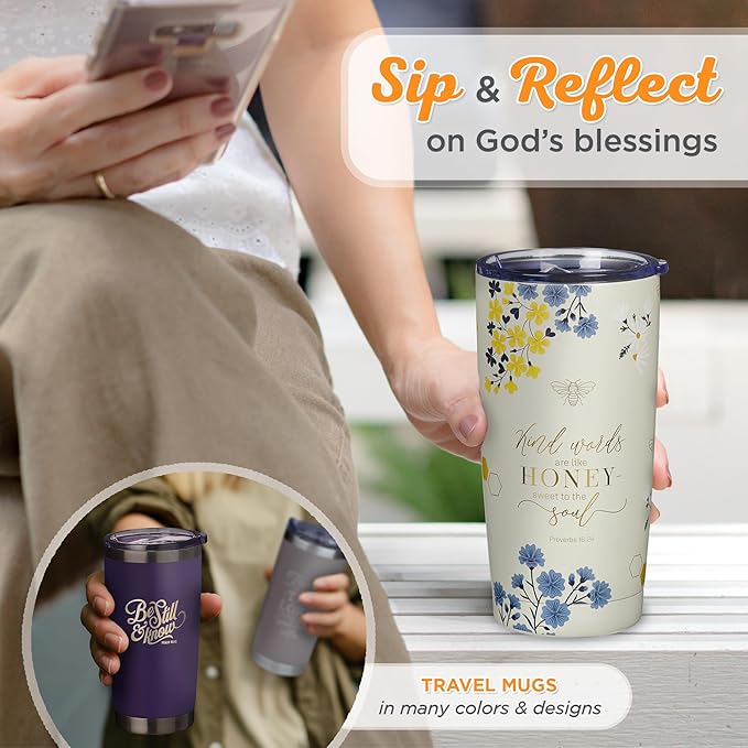 Christian Art Gifts Stainless Steel Scripture Tumbler Travel Mug for Women: Kind Words Bible Verse, Cute Bumble Bee, Double-wall Vacuum Insulated, Lid, Hot/Cold, Creamy White Multicolor Floral, 18oz.
