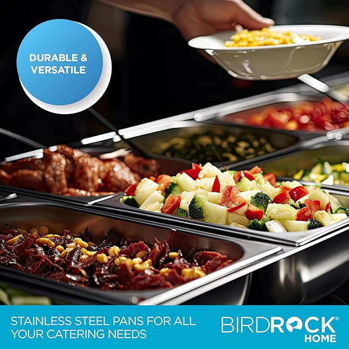 BIRDROCK HOME Stainless Steel Steam Table Pan - Hotel, Restaurant & Catering Supplies - 24 Gauge Steel, 1.2 qt Capacity - Meal Prep, Cooking, & Food Storage Container - 2.5" Depth, 1/6-Size (6 Pack)