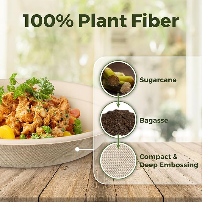 [50 COUNT]Sugarfiber by Harvest Pack PFAS FREE 24oz Round Paper Bowls - Compostable Heavy-Duty Eco-Friendly Disposable Bagasse Bowl sugarcane made plant fibers for Meal Prep