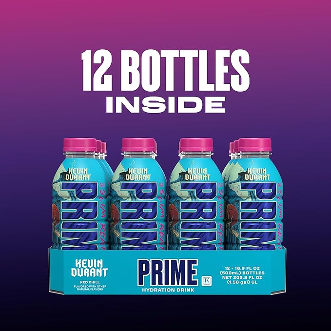 PRIME Hydration KEVIN DURANT Sports Drinks, Electrolyte Enhanced for Replenishing Fluids 250mg BCAAs, B Vitamins, Antioxidants, Low Sugar, 16.9 Fl Oz, 12 Pack