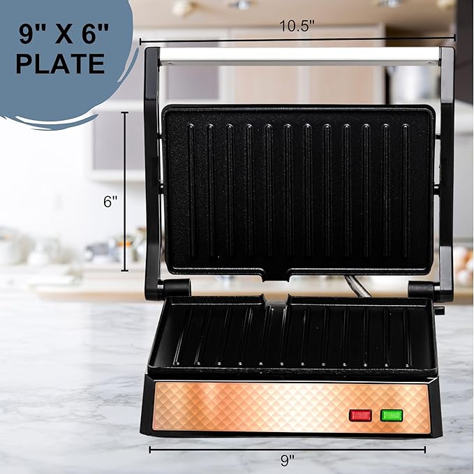 OVENTE Electric Panini Press Sandwich Maker with Non-Stick Coated Plates, Opens 180 Degrees to Fit Any Type or Size of Food, 1000W Indoor Grill Perfect for Quesadillas, Burgers & More, Copper GP0620CO