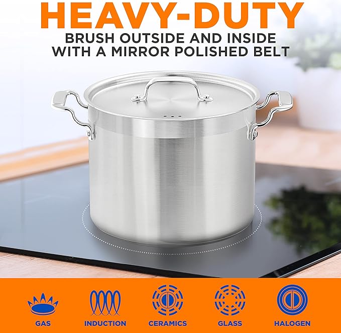 Stainless Steel Cookware Stockpot - 14 Quart, Heavy Duty Induction Pot, Soup Pot with Stainless Steel, Lid, Gas, Induction, Ceramic, Glass and Halogen Cooktops Compatible - NutriChef NCSPT14Q