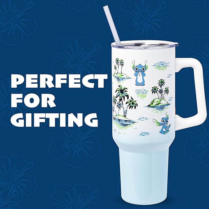 Silver Buffalo Disney Lilo and Stitch Vintage Sketch Palm Trees and Flowers Stainless Steel Tumbler with Handle and Straw, Fits in Standard Cup Holder, 40 Ounces