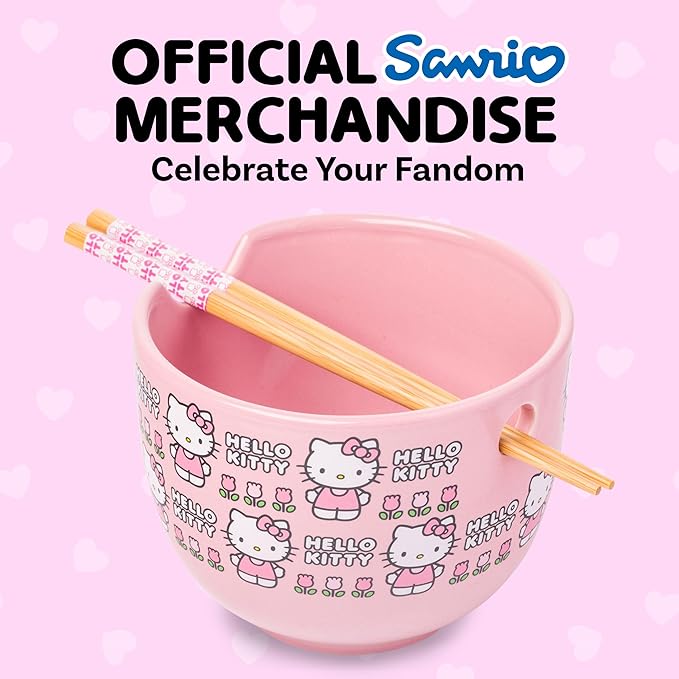 Silver Buffalo Sanrio Hello Kitty Flowers Pattern Ceramic Ramen Noodle Rice Bowl with Chopsticks, Microwave Safe, 20 Ounces