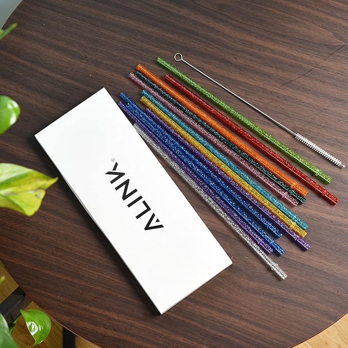 ALINK 12-Pack Glitter Reusable Clear Plastic Straws, 11" Long Hard Tumbler Replacement Drinking Straws for 16 OZ 20 OZ 30 OZ Stanley, YETI, Starbucks Tumblers with Cleaning Brush