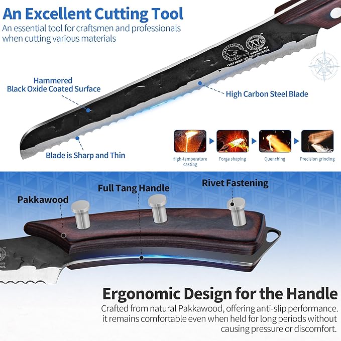 XYJ Authentic Since 1986,Kitchen Knife Block Set,High Carbon Steel Blades,Full Tang Knives Set with Block,Cutting Board,Sharpening Stick,Scissors,Gloves,Slicing Butcher Chef Knives,Wood Handle