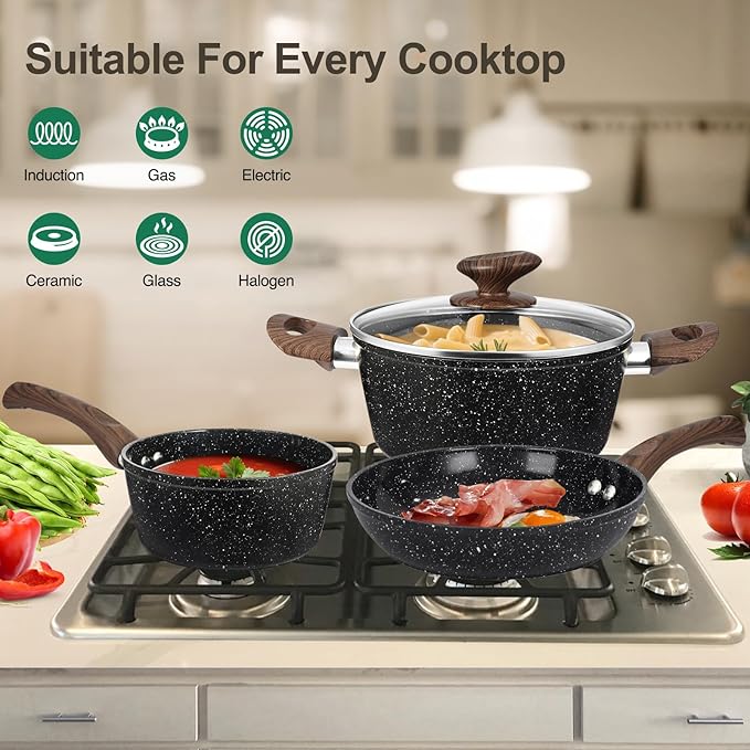 Pots and Pans Set Non Stick, 12pcs Black Ceramic Cookware Set, Non-toxic Induction Cookware Kitchen Cooking Set, PFAS and PFOA Free