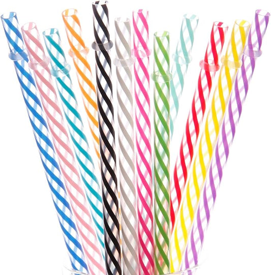 Dakoufish 12 Piece 13 Inch Reusable Plastic Thick Drinking Straws BPA Free Mason Jar Straws Transparent Small Stripe (13inch, Mix 12color)