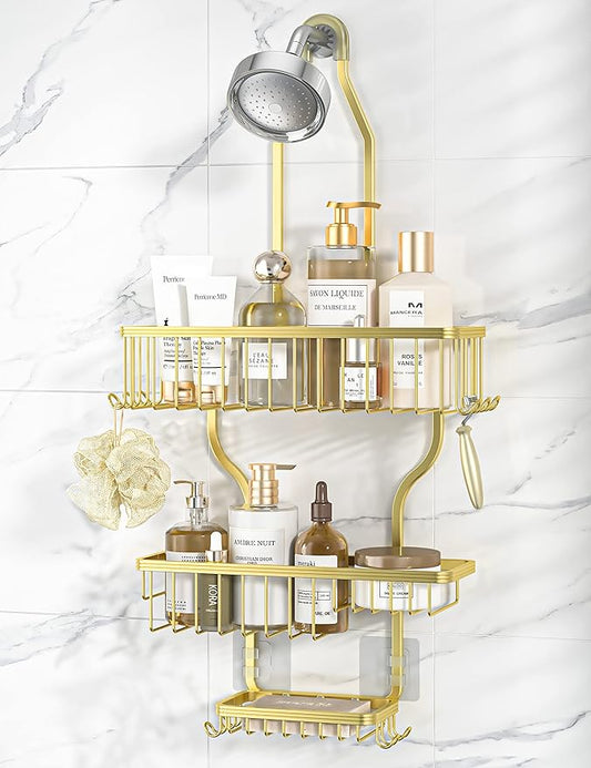 YASONIC Shower Caddy Over Shower Head Never Rust Aluminum Large Hanging Shower Caddy with 10 Hooks for Razor/Sponge - Over The Shower Head Caddy with Soap Basket - Hanging Shower Organizer Gold