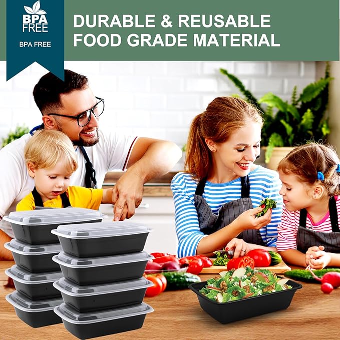 50 Pack (100-Piece) Meal Prep Containers 24 oz, Leakproof Plastic Food Storage Containers with Lids, Disposable To Go Food Containers, BPA-Free, Stackable, Microwave, Dishwasher & Freezer Safe