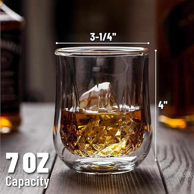 BTaT- Whiskey Glasses, Double Wall Glasses, Set of 4, Bourbon Glasses, Cocktail Glasses, Scotch Glasses, Old Fashioned Glass, Rocks Glass, Crystal Glasses, Vodka Glasses, Gifts