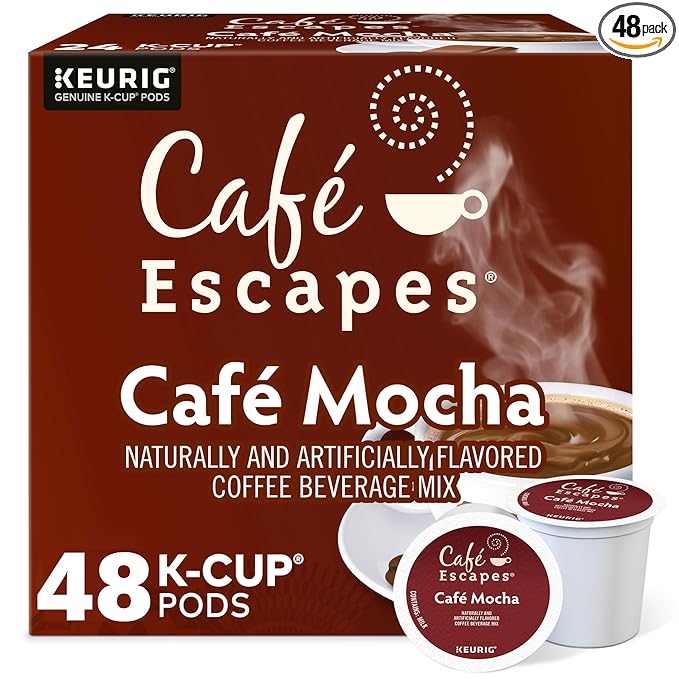 Cafe Escapes, Cafe Mocha Coffee Beverage, Single-Serve Keurig K-Cup Pods, 48 Count (2 Boxes of 24 Pods)