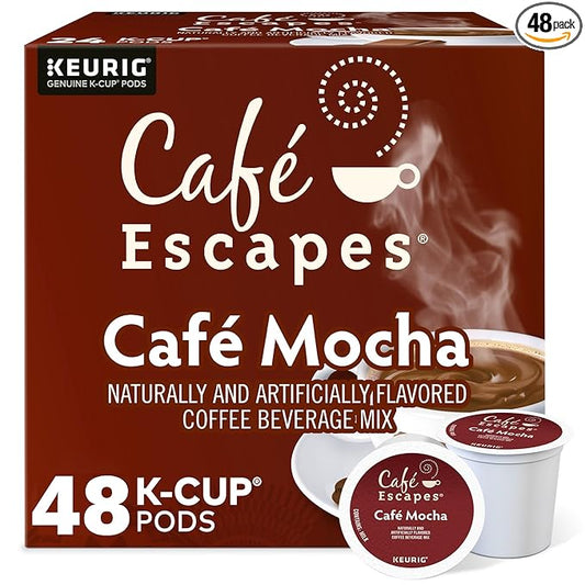 Cafe Escapes, Cafe Mocha Coffee Beverage, Single-Serve Keurig K-Cup Pods, 48 Count (2 Boxes of 24 Pods)