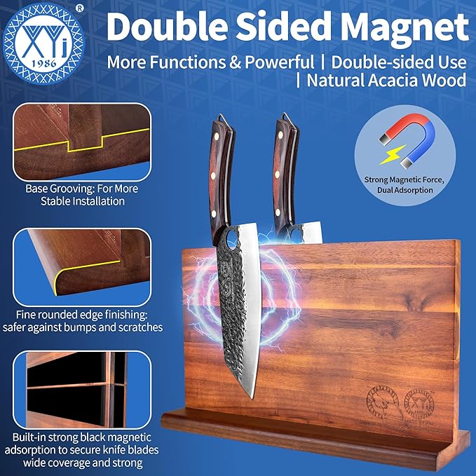 XYJ Authentic Since 1986,Knife Block Set,High Carbon Steel Blades,Full Tang Knives Set with Magentic Knife Block, Honing Steel,Scissors,Cut Resistant Gloves,Utility Vegetable Kitchen Knives