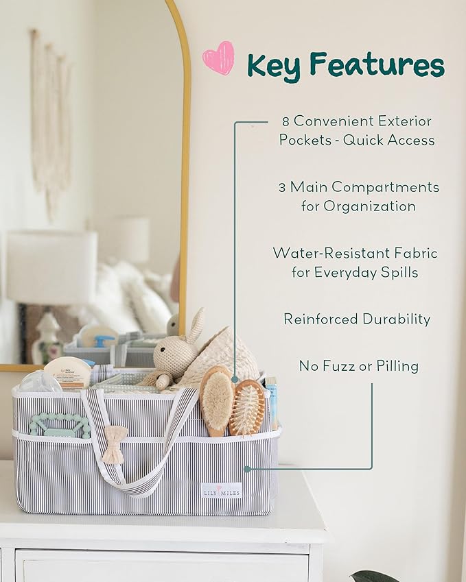 Lily Miles Baby Diaper Caddy Organizer - Large Tote Bag for Newborn essentials Boy or Girl - Baby Shower Basket - Nursery Must Haves - Registry Favorites - Newborn Caddie Car Travel