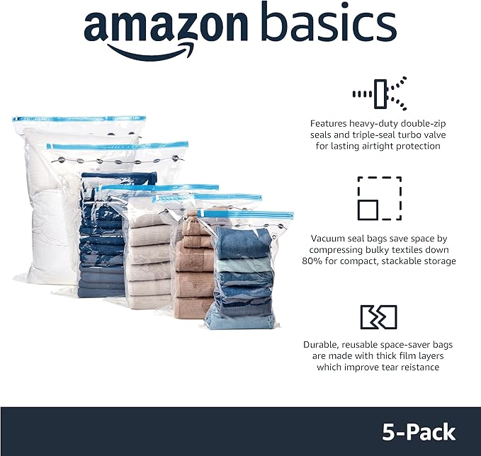Amazon Basics Vacuum Compression Zipper Storage Bags With Hand Pump, Medium, Clear, 5-Pack, White, Sky Blue