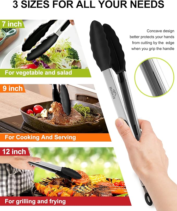 600ºF Heat Resistant Kitchen Tongs, Premium Locking Cooking Tongs with Silicone Tips, Non-Slip Food Tongs for Cooking, Non-Stick, Heavy Duty Stainless Steel Handle, Set of 3-7" 9" and 12" Black