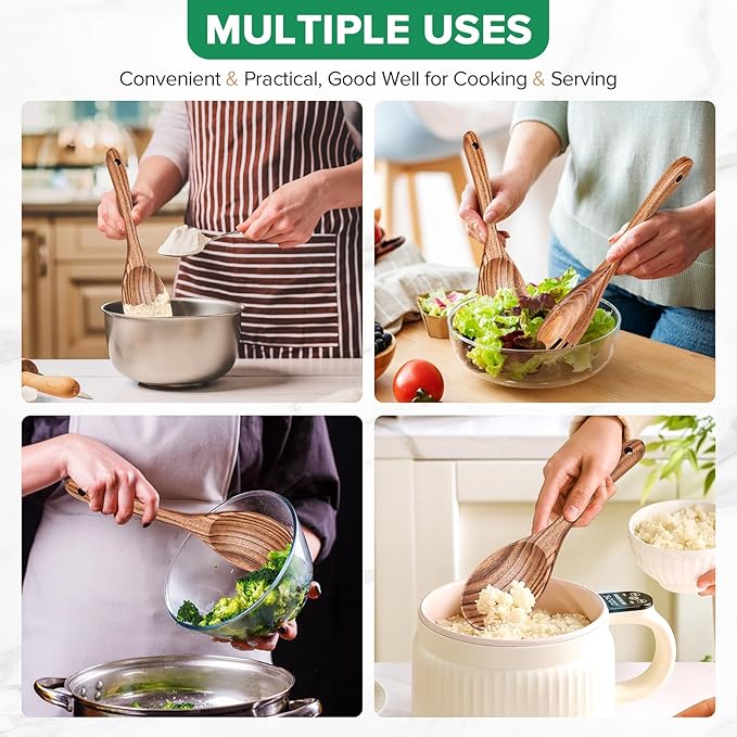 Wooden Spoons for Cooking, 2pcs Teak Salad Kit, Wooden Salad Servers, Wood Salad Serving Utensils Set, Wooden Salad Spoon Fork Set for Serving, Mixing, Tossing, Stirring,10.5″