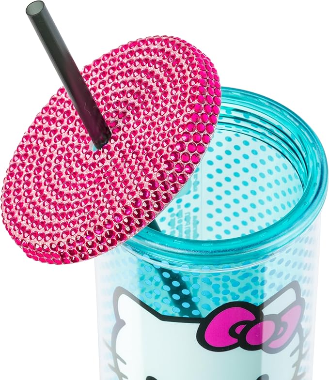 Silver Buffalo Sanrio Hello Kitty Blue Polka Dot Plastic Cold Cup with Rhinestones Lid and Straw, 20 Ounces