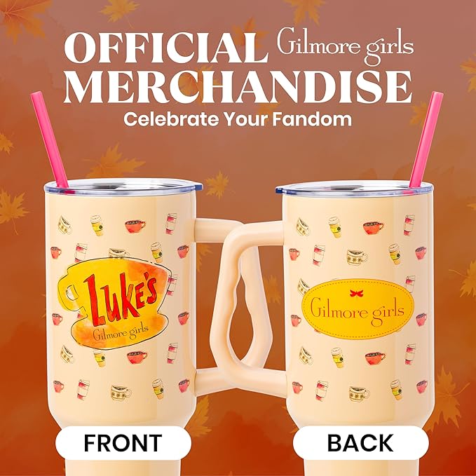 Silver Buffalo Gilmore Girls Luke's Diner Stainless Steel Tumbler with Handle and Straw, Fits in Standard Cup Holder, 40 Ounces