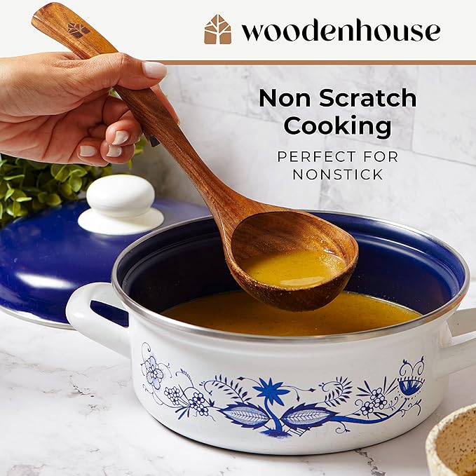 Wooden Ladle for Soup, 3 Size Teak Wood Ladle Spoon with Back Hooks for Pot & Bowl, Non-Stick Wooden Spoon Set for Cooking, Serving and Stirring